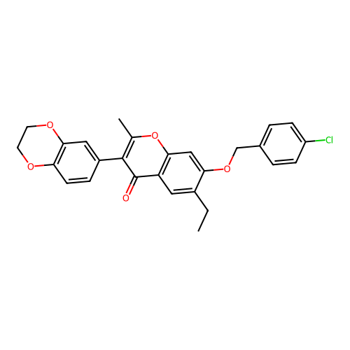 3-(2H,3H-benzo[3,4-e]1,4-dioxan-6-yl)-7-[(4-chlorophenyl)methoxy]-6-ethyl-2-me thylchromen-4-one structure