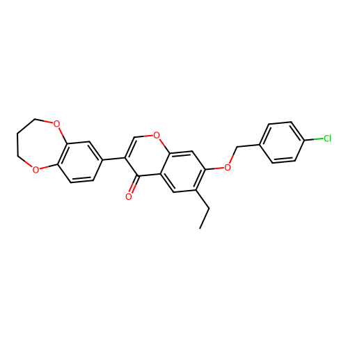 3-(2H,3H,4H-benzo[b]1,4-dioxepan-7-yl)-7-[(4-chlorophenyl)methoxy]-6-ethylchro men-4-one structure