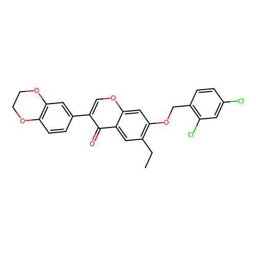 3-(2H,3H-benzo[3,4-e]1,4-dioxan-6-yl)-7-[(2,4-dichlorophenyl)methoxy]-6-ethylc hromen-4-one structure