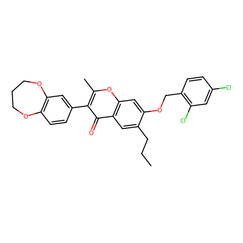 7-((2,4-dichlorobenzyl)oxy)-3-(3,4-dihydro-2H-benzo[b][1,4]dioxepin-7-yl)-2-methyl-6-propyl-4H-chromen-4-one structure