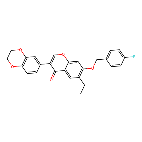3-(2,3-dihydro-1,4-benzodioxin-6-yl)-6-ethyl-7-[(4-fluorobenzyl)oxy]-4H-chromen-4-one structure
