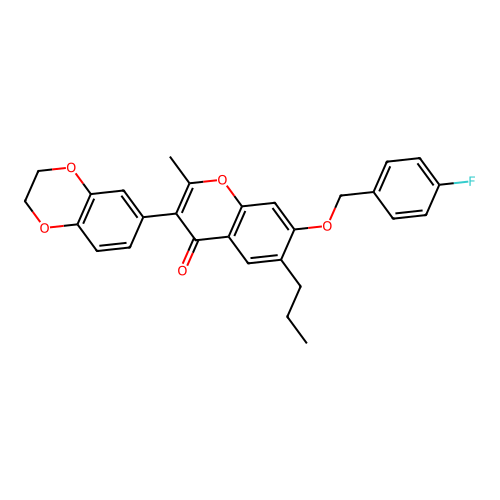 3-(2,3-dihydro-1,4-benzodioxin-6-yl)-7-[(4-fluorobenzyl)oxy]-2-methyl-6-propyl-4H-chromen-4-one structure