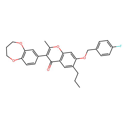 3-(2H,3H,4H-benzo[b]1,4-dioxepan-7-yl)-7-[(4-fluorophenyl)methoxy]-2-methyl-6- propylchromen-4-one structure