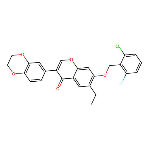 3-(2H,3H-benzo[3,4-e]1,4-dioxan-6-yl)-7-[(2-chloro-6-fluorophenyl)methoxy]-6-e thylchromen-4-one structure