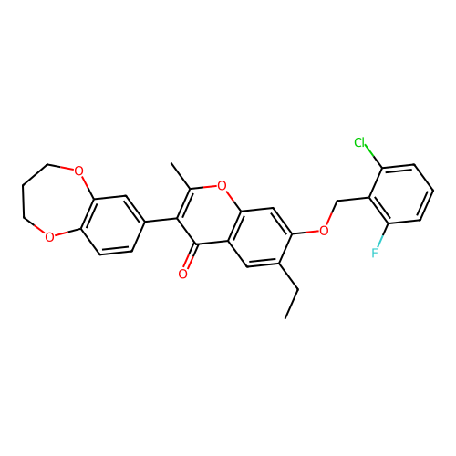 7-((2-chloro-6-fluorobenzyl)oxy)-3-(3,4-dihydro-2H-benzo[b][1,4]dioxepin-7-yl)-6-ethyl-2-methyl-4H-chromen-4-one structure
