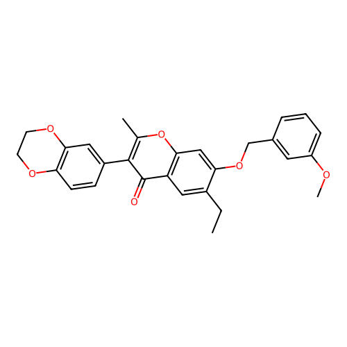 3-(2,3-dihydro-1,4-benzodioxin-6-yl)-6-ethyl-7-[(3-methoxybenzyl)oxy]-2-methyl-4H-chromen-4-one structure