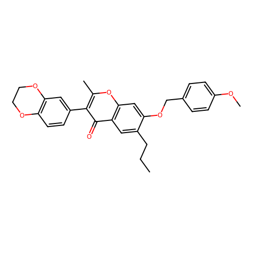 3-(2,3-dihydro-1,4-benzodioxin-6-yl)-7-[(4-methoxybenzyl)oxy]-2-methyl-6-propyl-4H-chromen-4-one structure
