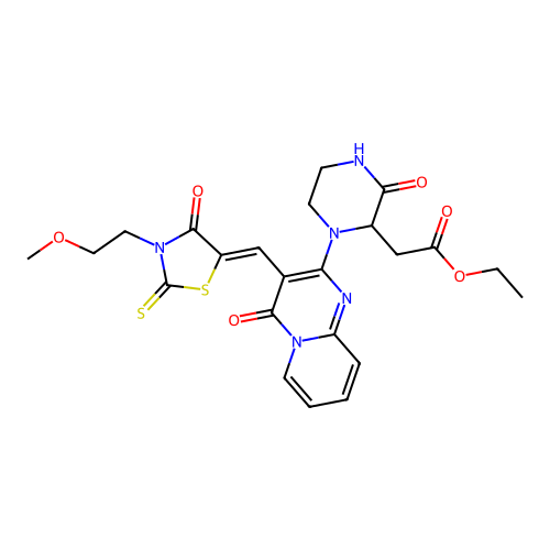 (Z)-ethyl 2-(1-(3-((3-(2-methoxyethyl)-4-oxo-2-thioxothiazolidin-5-ylidene)methyl)-4-oxo-4H-pyrido[1,2-a]pyrimidin-2-yl)-3-oxopiperazin-2-yl)acetate structure