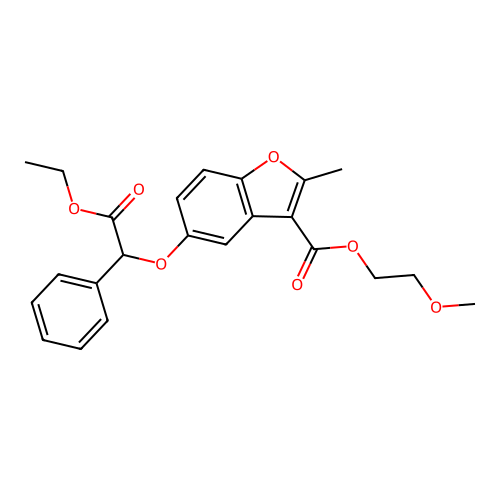2-methoxyethyl 5-(2-ethoxy-2-oxo-1-phenylethoxy)-2-methyl-1-benzofuran-3-carboxylate structure