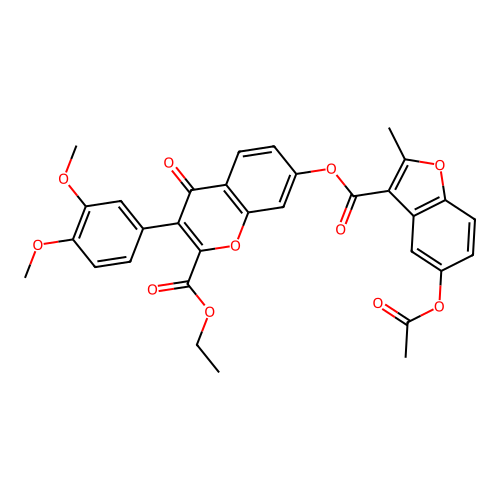 3-{[3-(3,4-dimethoxyphenyl)-2-(ethoxycarbonyl)-4-oxochromen-7-yl]oxycarbonyl}- 2-methylbenzo[b]furan-5-yl acetate structure