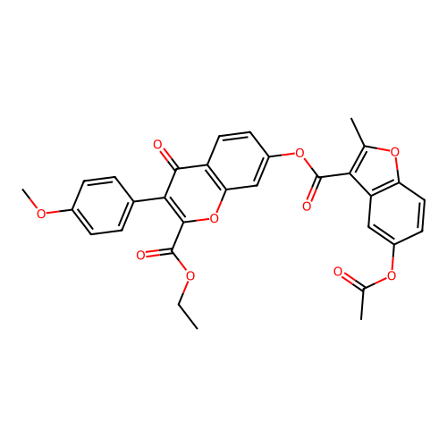 3-{[2-(ethoxycarbonyl)-3-(4-methoxyphenyl)-4-oxochromen-7-yl]oxycarbonyl}-2-me thylbenzo[b]furan-5-yl acetate structure