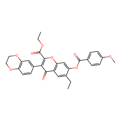 3-(2H,3H-benzo[3,4-e]1,4-dioxan-6-yl)-2-(ethoxycarbonyl)-6-ethyl-4-oxochromen- 7-yl 4-methoxybenzoate structure