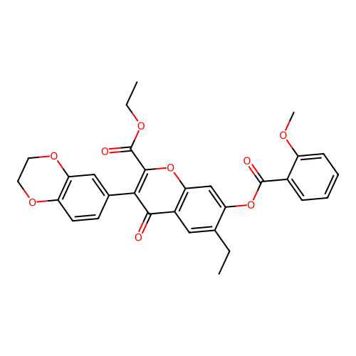 3-(2H,3H-benzo[3,4-e]1,4-dioxan-6-yl)-2-(ethoxycarbonyl)-6-ethyl-4-oxochromen- 7-yl 2-methoxybenzoate structure