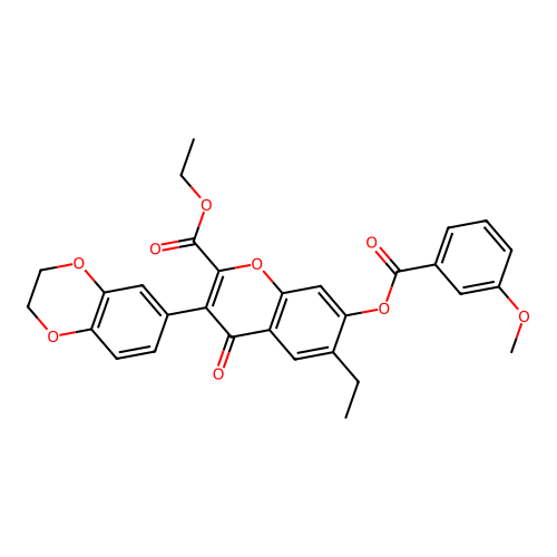 3-(2H,3H-benzo[3,4-e]1,4-dioxan-6-yl)-2-(ethoxycarbonyl)-6-ethyl-4-oxochromen- 7-yl 3-methoxybenzoate structure