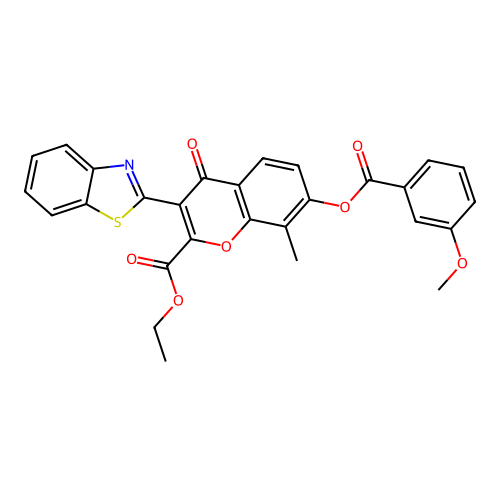 3-benzothiazol-2-yl-2-(ethoxycarbonyl)-8-methyl-4-oxochromen-7-yl 3-methoxyben zoate structure
