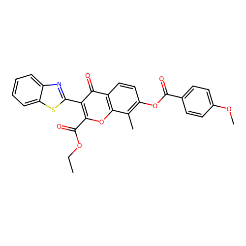 3-benzothiazol-2-yl-2-(ethoxycarbonyl)-8-methyl-4-oxochromen-7-yl 4-methoxyben zoate structure