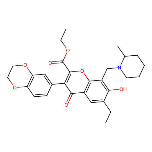 ethyl 3-(2,3-dihydro-1,4-benzodioxin-6-yl)-6-ethyl-7-hydroxy-8-[(2-methylpiperidin-1-yl)methyl]-4-oxo-4H-chromene-2-carboxylate structure