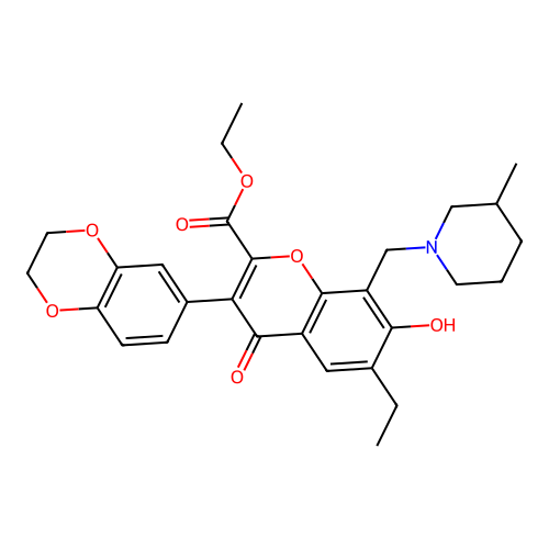 ethyl 3-(2,3-dihydro-1,4-benzodioxin-6-yl)-6-ethyl-7-hydroxy-8-[(3-methylpiperidin-1-yl)methyl]-4-oxo-4H-chromene-2-carboxylate structure