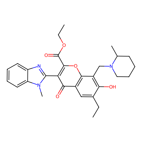 ethyl 6-ethyl-7-hydroxy-3-(1-methyl-1H-benzimidazol-2-yl)-8-[(2-methylpiperidin-1-yl)methyl]-4-oxo-4H-chromene-2-carboxylate structure