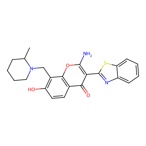 2-Amino-3-benzothiazol-2-yl-7-hydroxy-8-(2-methyl-piperidin-1-ylmethyl)-chromen-4-one structure