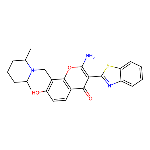 2-amino-3-(benzo[d]thiazol-2-yl)-8-((2,6-dimethylpiperidin-1-yl)methyl)-7-hydroxy-4H-chromen-4-one structure