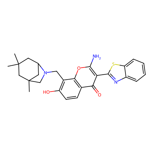 2-amino-3-(1,3-benzothiazol-2-yl)-7-hydroxy-8-[(1,3,3-trimethyl-6-azabicyclo[3.2.1]oct-6-yl)methyl]-4H-chromen-4-one structure