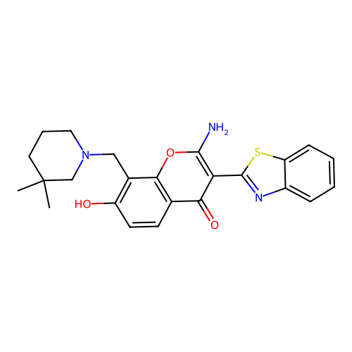 2-amino-3-(benzo[d]thiazol-2-yl)-8-((3,3-dimethylpiperidin-1-yl)methyl)-7-hydroxy-4H-chromen-4-one structure