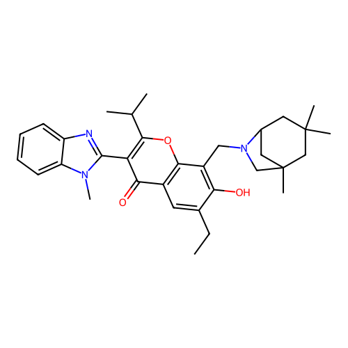 6-ethyl-7-hydroxy-2-isopropyl-3-(1-methyl-1H-benzo[d]imidazol-2-yl)-8-((1,3,3-trimethyl-6-azabicyclo[3.2.1]octan-6-yl)methyl)-4H-chromen-4-one structure