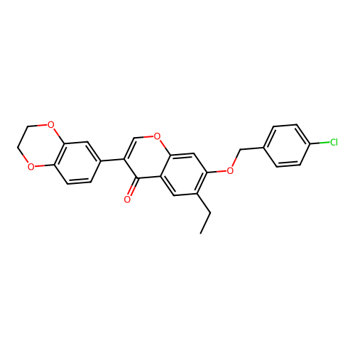 7-[(4-chlorobenzyl)oxy]-3-(2,3-dihydro-1,4-benzodioxin-6-yl)-6-ethyl-4H-chromen-4-one structure
