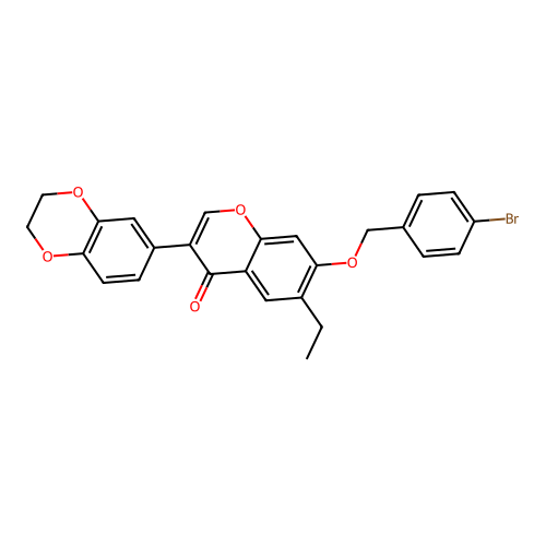 3-(2H,3H-benzo[3,4-e]1,4-dioxan-6-yl)-7-[(4-bromophenyl)methoxy]-6-ethylchrome n-4-one structure