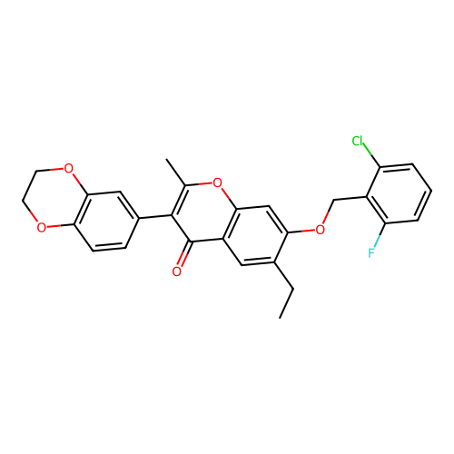 3-(2H,3H-benzo[3,4-e]1,4-dioxan-6-yl)-7-[(2-chloro-6-fluorophenyl)methoxy]-6-e thyl-2-methylchromen-4-one structure