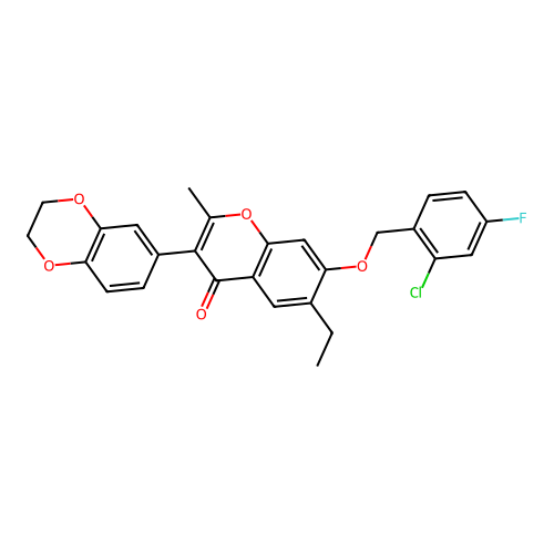 3-(2H,3H-benzo[3,4-e]1,4-dioxan-6-yl)-7-[(2-chloro-4-fluorophenyl)methoxy]-6-e thyl-2-methylchromen-4-one structure