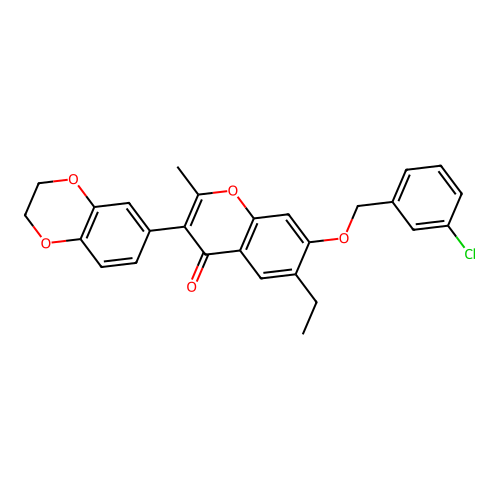3-(2H,3H-benzo[3,4-e]1,4-dioxan-6-yl)-7-[(3-chlorophenyl)methoxy]-6-ethyl-2-me thylchromen-4-one structure