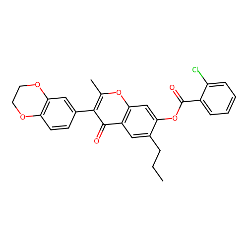[3-(2,3-dihydro-1,4-benzodioxin-6-yl)-2-methyl-4-oxo-6-propylchromen-7-yl] 2-chlorobenzoate structure