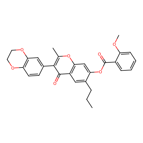 [3-(2,3-dihydro-1,4-benzodioxin-6-yl)-2-methyl-4-oxo-6-propylchromen-7-yl] 2-methoxybenzoate structure