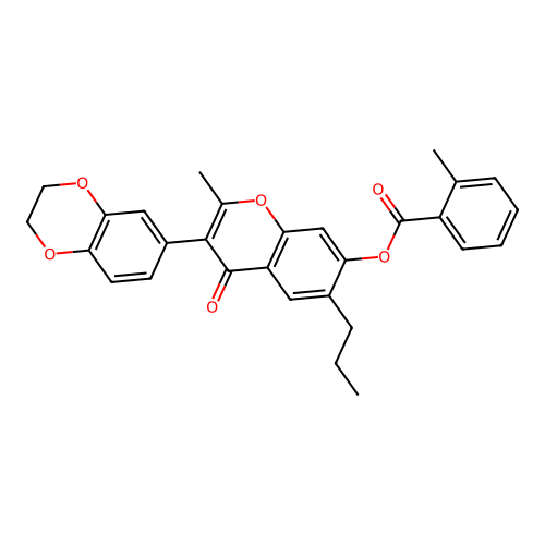 [3-(2,3-dihydro-1,4-benzodioxin-6-yl)-2-methyl-4-oxo-6-propylchromen-7-yl] 2-methylbenzoate structure