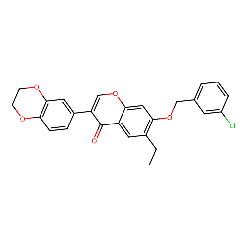 3-(2H,3H-benzo[3,4-e]1,4-dioxan-6-yl)-7-[(3-chlorophenyl)methoxy]-6-ethylchrom en-4-one structure