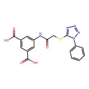 5-({[(1-phenyl-1H-tetrazol-5-yl)thio]acetyl}amino)isophthalic acid structure