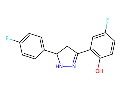 4-fluoro-2-(5-(4-fluorophenyl)-4,5-dihydro-1H-pyrazol-3-yl)phenol structure