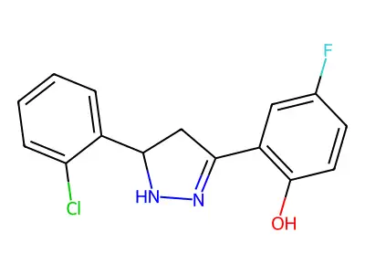 2-[5-(2-chlorophenyl)-4,5-dihydro-1H-pyrazol-3-yl]-4-fluorophenol structure