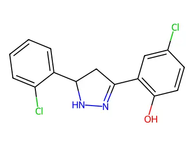 4-chloro-2-(5-(2-chlorophenyl)-4,5-dihydro-1H-pyrazol-3-yl)phenol structure