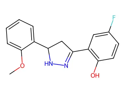 4-fluoro-2-(5-(2-methoxyphenyl)-4,5-dihydro-1H-pyrazol-3-yl)phenol structure