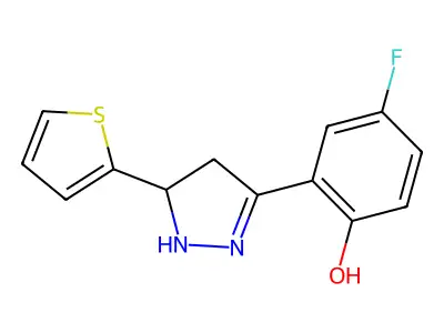 4-Fluoro-2-(5-(thiophen-2-yl)-4,5-dihydro-1H-pyrazol-3-yl)phenol structure