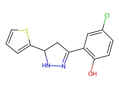 4-chloro-2-(5-(thiophen-2-yl)-4,5-dihydro-1H-pyrazol-3-yl)phenol structure