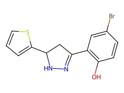4-bromo-2-(5-(thiophen-2-yl)-4,5-dihydro-1H-pyrazol-3-yl)phenol structure