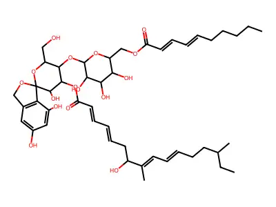 I(2)-D-Galactopyranoside, (1S,3a(2)R,4a(2)R,5a(2)R,6a(2)R)-3a(2),4a(2),5a(2),6a(2)-tetrahydro-3a(2),5,7-trihydroxy-4a(2)-[(7-hydroxy-8,14-dimethyl-1-oxo-2,4,8,10-hexadecatetraenyl)oxy]-6a(2)-(hydroxymethyl)spiro[isobenzofuran-1(3H),2a(2)-[2H]pyran]-5a(2)-yl, 6-(2,4-decadienoate) structure