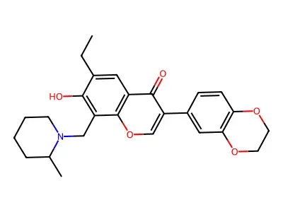 3-(2,3-dihydrobenzo[b][1,4]dioxin-6-yl)-6-ethyl-7-hydroxy-8-((2-methylpiperidin-1-yl)methyl)-4H-chromen-4-one structure