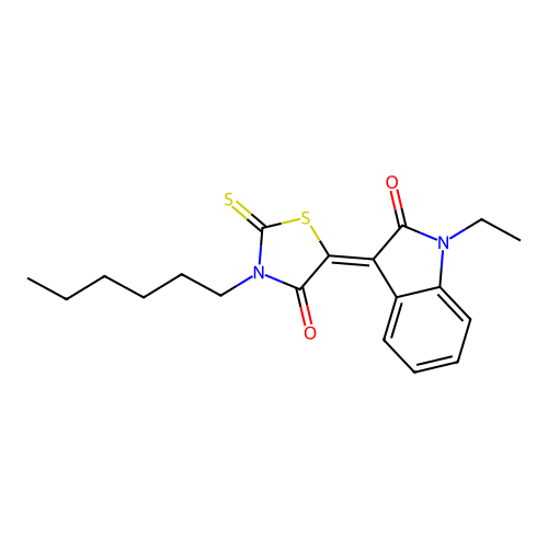 5-(1-Ethyl-2-oxoindolin-3-ylidene)-3-hexyl-2-thioxothiazolidin-4-one structure