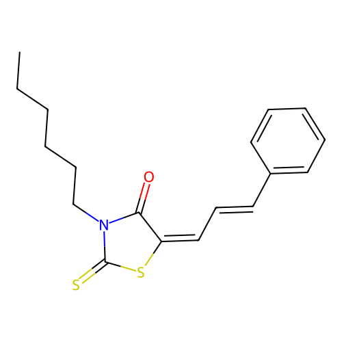 3-Hexyl-5-(3-phenyl-2-propenylidene)-2-thioxo-1,3-thiazolidin-4-one structure