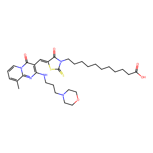 (Z)-11-(5-((9-methyl-2-((3-morpholinopropyl)amino)-4-oxo-4H-pyrido[1,2-a]pyrimidin-3-yl)methylene)-4-oxo-2-thioxothiazolidin-3-yl)undecanoic acid structure
